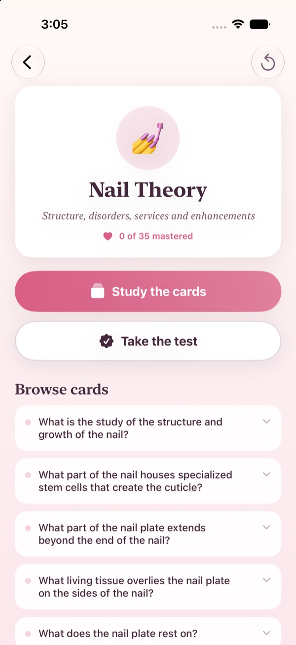 Polished deck view showing cards in a cosmetology topic