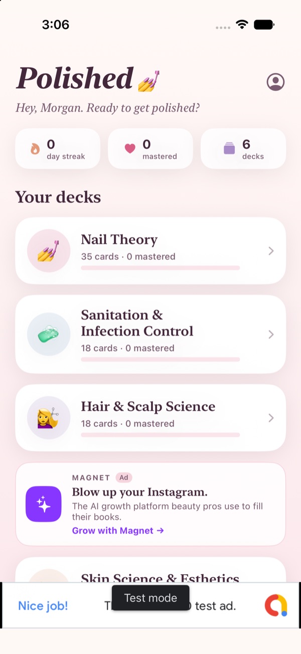 Polished home screen with deck library and study streak
