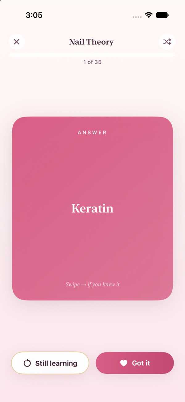 Polished study mode with a flip flashcard